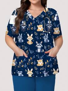 PopScrub Plus Size Women Summer Scrub Tops With Cute Cartoon Animal & Leaf Pattern, Casual Nursing Scrub Uniform Top