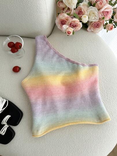 SHEIN Privé Plus Size Women's Comfortable Casual Elegant Holiday Vacation Beach Island Hawaii Gradient Rainbow Color Sleeveless Backless Single Shoulder Knit Top, Suitable For Spring/Summer, Dating, Valentine's Day, Afternoon Tea