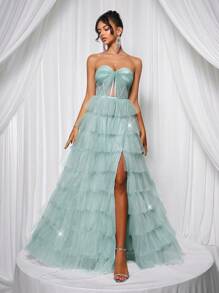 Glamrae Đầm Maxi hở lưng có thể điều chỉnh, dáng chữ A rộng rãi, viền tua rua màu xanh lá cây sáng bóng, lưới ombre màu xám thanh lịch, eo trong suốt, xẻ tà, phù hợp cho các buổi hẹn hò, kỳ nghỉ, đám cưới, sự kiện trang trọng - Cỏ xanh - Xem 4