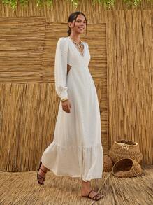 Bóhologie V 领长袖孔眼刺绣面料连衣裙，女式度假波西米亚风格 - 白色 - 查看 1