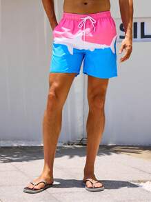 Surfspeed Men's Shark Print Drawstring Waist Beach Shorts - Pink - View 5