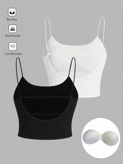 SHEIN Essnce 2 件套女士休闲简约露背短款短款背心带垫，适合夏季