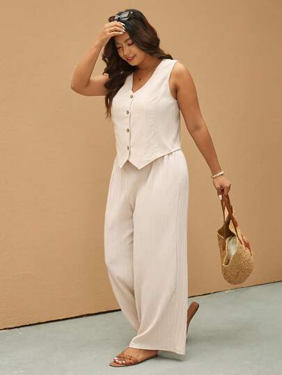 Elaquor 2 Pcs Plus Size Women Single-Breasted Vest And Pants Set, Summer,Business Casual Woman,Two Piece Set Women,Old Money Style Women