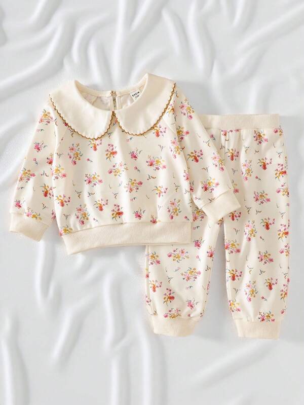 SHEIN Vintaside Kids Baby Girl Korean Style Casual Long Sleeve Collared Floral Allover Print Knit Sweatshirt And Floral Allover Print Sweatpants Set
