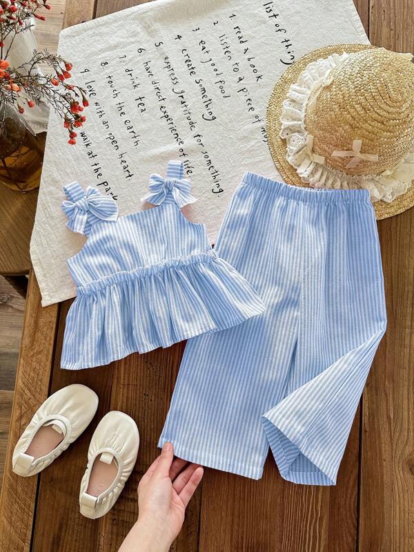 SHEIN Babygirl Summer Cute Blue & White Striped Camisole Crop Top And Elastic Waist Long Pants Set