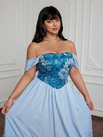 Lyrianda Vestido entallado y acampanado con hombros descubiertos, encaje y ribete de volantes en color contrastante para tallas grandes