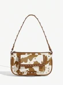 SHEIN ICON 女士单肩包，流浪包，动物印花，奶牛图案，时尚，个性，简约，百搭，街头风，甜美酷炫女孩，辣妹，千禧一代，复古，铆钉，复古，青少年 - 駝色 - 查看 2