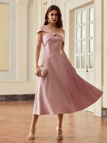 ZEYLAH Đầm dài thanh lịch xếp ly vai bất đối xứng - Hồng - Xem 3