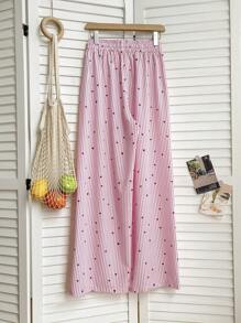 Franclia 女士条纹心形抽绳腰阔腿宽松休闲裤 - 淺粉色 - 查看 2