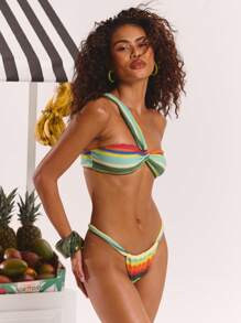 MUSERA Asymmetrical Neck Textured Stripe Bandeau Bikini Top Spring, Summer, Ibiza, Holiday, Cute, Festival, Vacation Beachwear, Beach, Boho