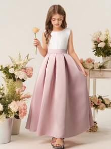 少女缎面圆领无袖 A 字形公主裙，华丽婚礼、生日派对、婚礼宾客、花童、伴娘、度假，优雅而