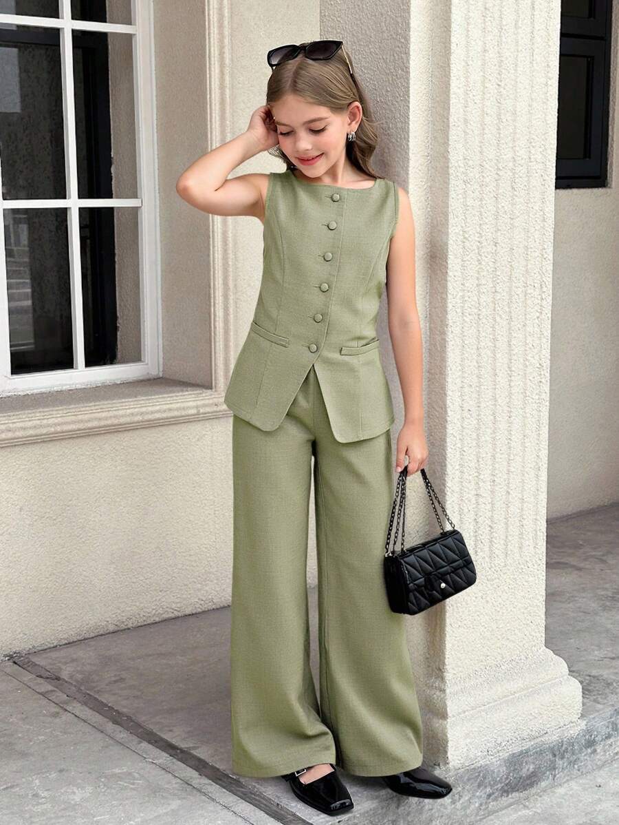 SHEIN Serisse Kids طقم ملابس علوية كاجوال أكمام بدون أكوام، وبنطال واسع الساق من لون الأنسجة موحد اللون للفتيات المراهقات - اخضر زيتون - مشاهدة 1