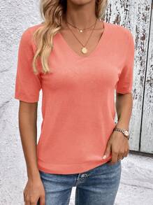 SHEIN Clasi All-Match Solid V-Neck Casual Pullover Short Sleeve Knit Top - Coral Orange - View 5