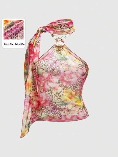 J-Fashion Collar-bufanda vintage sexy de estilo "Y2K" para resort con decoración de estampado de leopardo, flores y conchas, talla grande talla grande con camisilla y top de tirantes