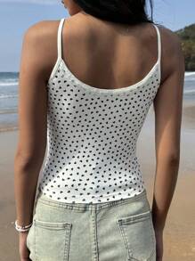 SHEIN EZwear Women's Summer Clothing Home Sweet Casual Knitted Elastic Beige Love Polka Dot Print Pattern Splicing Lace Lace Bow Decoration Camisole, Comfortable, Breathable And Soft - Beige - View 2