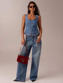 SHEIN Forever 21 春夏女士浪漫/舞会/正式/生日/90 年代/商务休闲/优雅/西部装/外出/时尚/休闲/Y2K/俱乐部/办公室/鸡尾酒会/复古/狂欢/有趣/优雅/老钱/街头服饰/度假/乡村音乐会/工作/端庄/春假/单身派对/音乐会/坏人/基本款/毕业/蓝色水洗修身甜美领牛仔上衣 - 藍色 - 查看 4