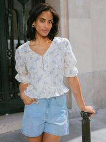 lacRébo Blusa de botones con bordado floral vintage de vacaciones, con volantes en el bajo, para oficina, atuendo de maestra, parte superior de otoño, ropa de mujer de otoño e invierno - Blanco - Ver 7