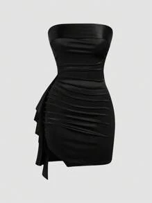 Sweetra Plus Size Sexy Asymmetrical Side Ruffle Hem Short Camisole Dress