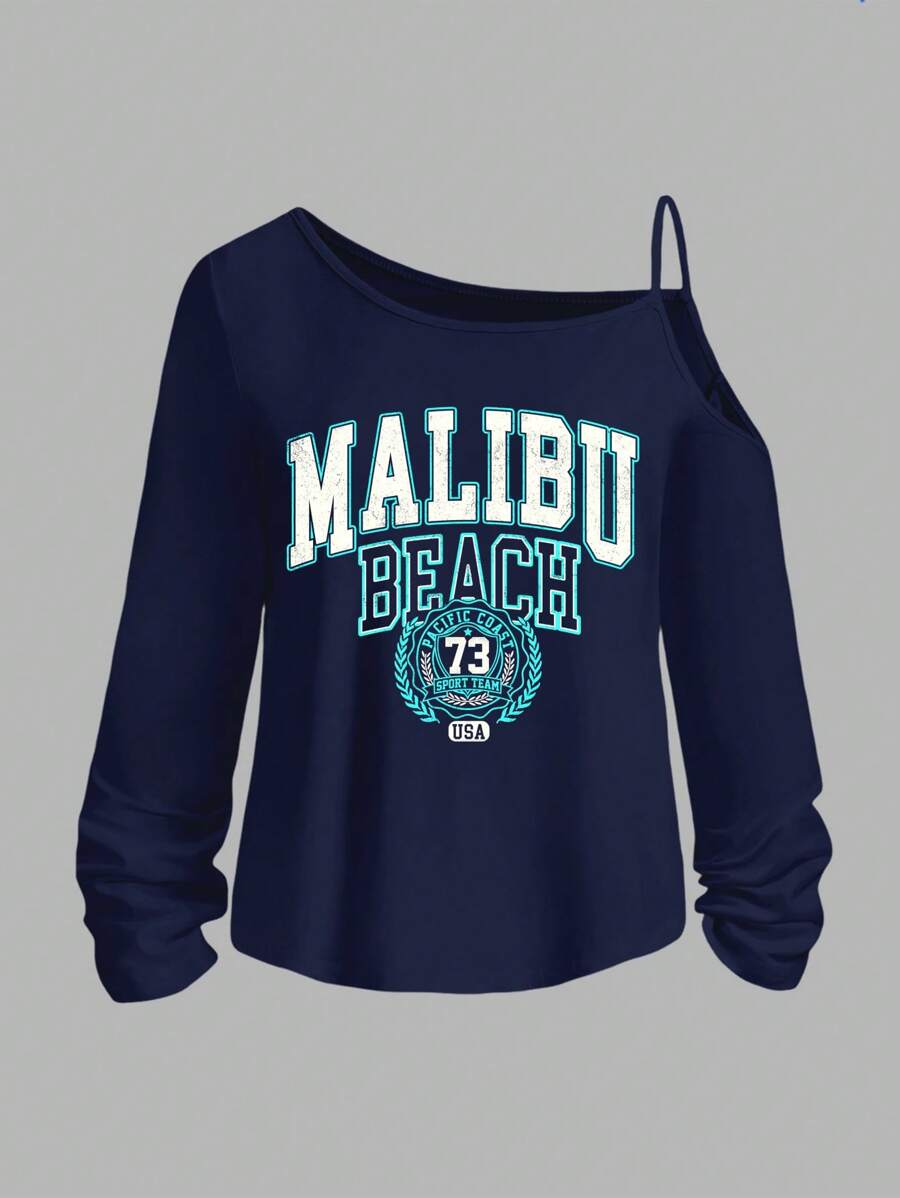 SHEIN Essnce 女式休闲海军蓝马里布海滩印花单肩宽松长袖 T 恤