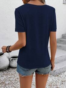 SHEIN LUNE Áo thun nữ cổ chữ V tay ngắn màu trơn đa năng thường ngày, mùa hè - Màu xanh hải quân - Xem 2