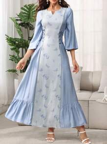 SHEIN Najma 女士优雅阿拉伯风格蝴蝶提花面料收腰系带连衣裙，适合春夏季 - 藍色 - 查看 2