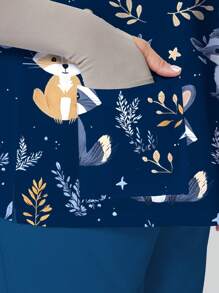 PopScrub Plus Size Women Summer Scrub Tops With Cute Cartoon Animal & Leaf Pattern, Casual Nursing Scrub Uniform Top