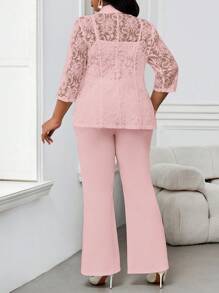 SHEIN Lady 四季粉色套装 女士西装外套 女士大衣 蕾丝拼接优雅套装 秋冬装 优雅女士粉色裤子 女士纯色金属纽扣装饰优雅九分裤 秋季女士套装 大码人造毛皮外套，两件套夏季套装 夏季套装 - 淺粉色 - 查看 2