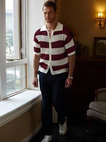 Manfinity CityGents Men Casual Two-Tone Striped Pattern Button Open Knit Sweater Knitted Button Downs For Men's Old Money - Multicolor - View 5