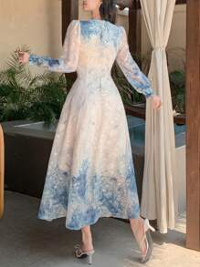 DAZY 女士花卉印花V领灯笼袖长裙，秋季连衣裙长袖连衣裙 - 藍色 - 查看 2