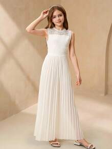 Girls Elegant High Waist Solid Color Sleeveless Round Neck Lace Frill Trim Maxi Romper, Suitable For Wedding Flower Girl, White - White - View 1