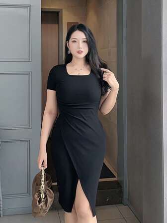DAZY Solid Color Stretchy Bodycon Square Neck Short Sleeve Slit Knee-Length Dress