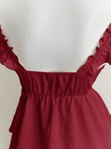 Elamini 蓝色甜美女仆领盖袖性感露背低V领短款吊带背心上衣 - 酒紅色 - 查看 5