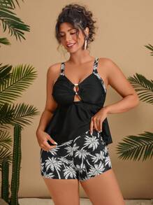 Travachic 大码女式热带棕榈树印花拼接撞色镂空前腰修身休闲沙滩泳衣两件套，夏季