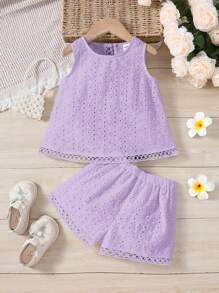 SHEIN 女童圆领露背拼接蕾丝边上衣和短裤套装，镂空刺绣两件套