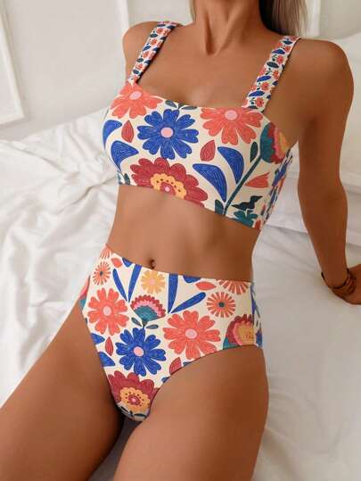 Swim Vcay Women's Sexy Thick Strap Tight Random Print High Waist Swimwear Shorts, Casual Holiday Beach 2 Pieces Swimsuit For Summer Beach Vacation