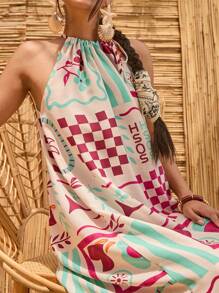 Bóhologie Vestido bohemio estilo A-line con cuello halter y bordado floral, vestido bohemio para mujer