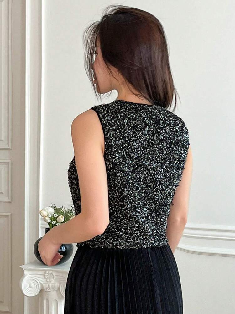 Women V-Neck Allover Print Button Front Sleeveless Tank Top, Summer,Crop Tops Women Sequin