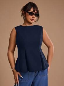 SHEIN Unity 大码女式夏季生日休闲外出时尚休闲飘逸下摆背心，荷叶边上衣 - 藏蓝色 - 查看 5