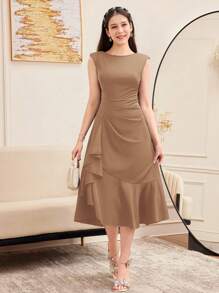 SHEIN 少女纯色无袖荷叶边蕾丝边修身连衣裙长款晚礼服，优雅大方，适合派对、约会、重要家庭聚会 - 卡其色 - 查看 4