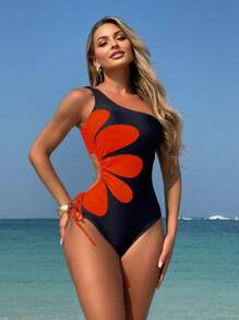 Swim Vcay Springbreak 女式单肩镂空系带图案印花连体泳衣，适合节日/波西米亚海滩度假 - 彩色 - 查看 1