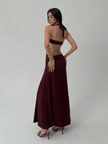 Aloruh Sexy Lace-Up Halter Hollow Metal Ring Backless Dress For Women, Going Out - Red Violet - View 2