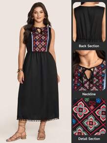 SHEIN LUNE Women's Black Boho Sleeveless Tassel Dress,Solid Color Fashion Vacation Outfits For Summer Clothes,European Style Casual Summer Outfits For Women - Black - View 1