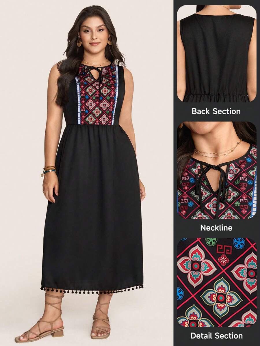 SHEIN LUNE Women's Black Boho Sleeveless Tassel Dress,Solid Color Fashion Vacation Outfits For Summer Clothes,European Style Casual Summer Outfits For Women - Black - View 1