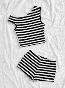 SHEIN PETITE 2pcs/Set Women Striped Print Asymmetric Collar Tank Top + Shorts Set - Black and White - View 2