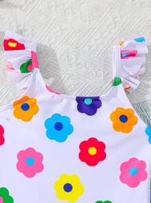 SHEIN 2pcs Young Girl Solid Color & Ditsy Floral Pattern Tankini Swimsuit With Attached Skirt - Baby Pink - View 3