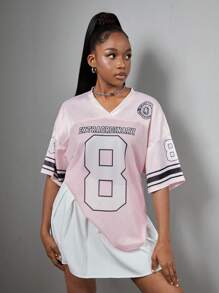 SHEIN Teen Girl's Pink Numeral Print Patchwork Loose V-Neck Casual Short Sleeve T-Shirt - Pink - View 1