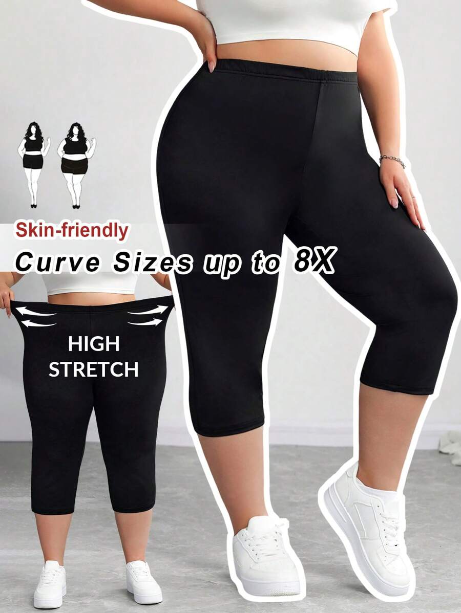 SHEIN CURVE+ 大码女士黑色运动套装，紧身高弹七分裤，夏季/乡村/海滩度假装/沙滩装/沙滩服饰 - 黑色 - 查看 1