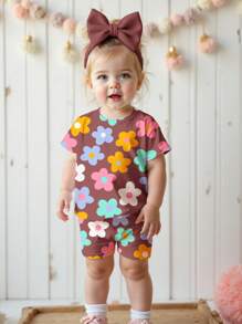 SHEIN 女婴休闲简约圆领短袖T恤和紧身裤套装，适合春夏季 - 彩色 - 查看 1