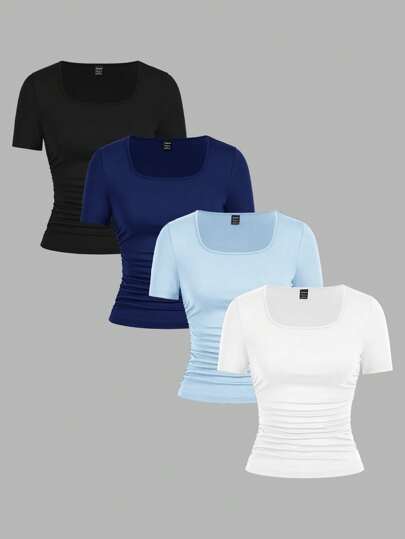 SHEIN EZwear 4 件套休闲简约纯色黑色、藏青色、浅蓝色、白色圆领短袖 T 恤女士适合春夏季