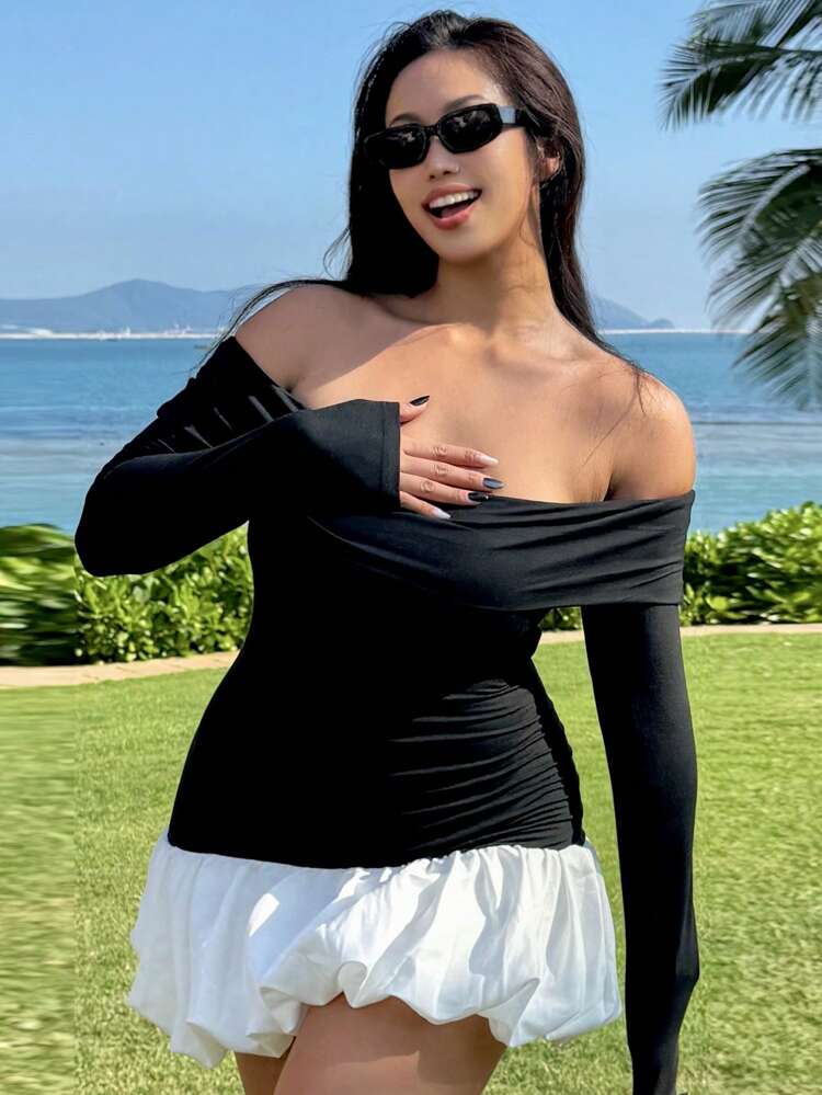 Women's Off-Shoulder Contrast Color Splice Elastic Bodycon Long Sleeve Splice Smock Dress